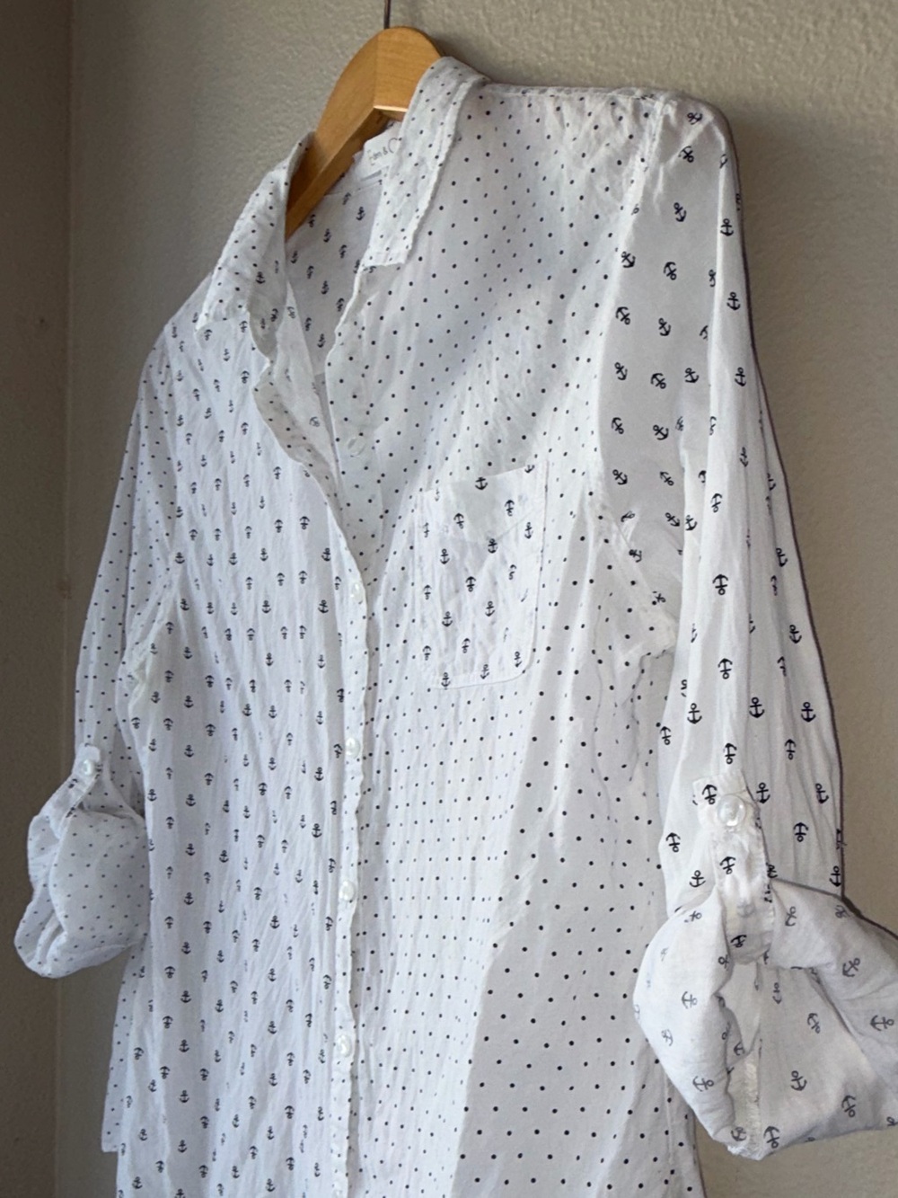 Eden & Olivia White Shirt w/ Navy Anchor & Dot Print Women’s L 100%Cotton Soft